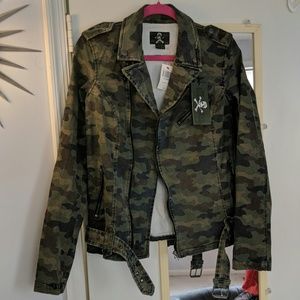Cotton Camo Motorcycle Jacket with Pockets, Belt L